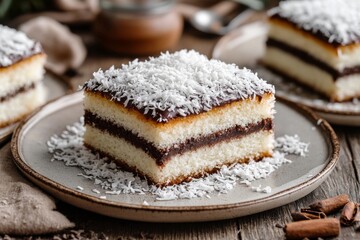 Wall Mural - Lamington, A square sponge cake coated in a layer of chocolate sauce and rolled in desiccated coconut, often filled with a layer of cream or jam.