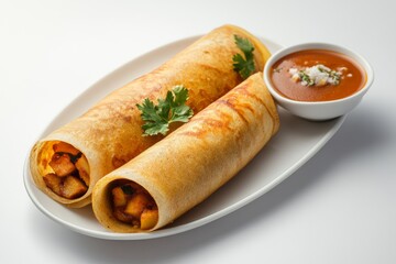 Wall Mural - Masala Dosa, A crispy, thin pancake made from fermented rice and lentil batter, filled with a spicy potato mixture, and served with sambar and coconut chutney.