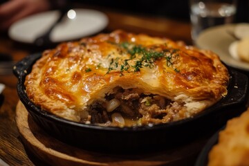 Wall Mural - Meat Pie, A hand-sized pie filled with minced meat, gravy, mushrooms, onions, and sometimes cheese, considered a staple snack or meal.