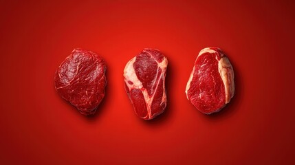 Three pieces of meat are shown on a red background. The meat is cut into slices and he is fresh. Concept of abundance and satisfaction