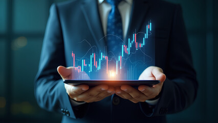 Business man holding tablet and showing holographic graphs and stock market statistics gain profits business strategy Banking and finance stock market achieving investment goals