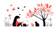 © Ema - Red watercolor of little girl and her pet cat having a picnic in park