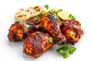 Wall Mural - Tandoori Chicken, Chicken marinated in yogurt and a blend of spices, then cooked in a tandoor (clay oven) until charred and smoky, often served with naan and salad., Isolated on White Background