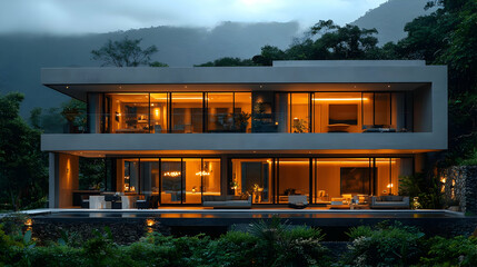 modern home illuminated at night with mountain view - photo