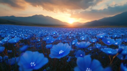 Wall Mural - Blue Flowers Field at Sunset