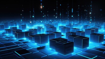 Abstract digital background with glowing blue cubes and lines.
