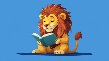 A cartoon lion sitting and reading a book,  illustrated in a whimsical style against a blue background.