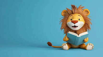 Cute cartoon lion sitting and reading a book on a blue background.