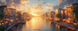 Venice Canal Illustration at Sunset with Gondolas and Colorful Buildings