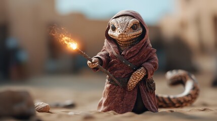 A whimsical lizard character in a hooded robe conjuring magic in a desert landscape, blending fantasy and adventure.