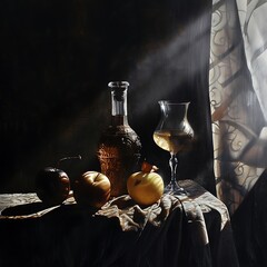 A still life of a bottle of wine, a glass of wine, and apples on a table with a curtain in the background.