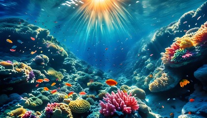 Luminous underwater coral reef teeming with vibrant fish beneath sunlit ocean waves, celebrating marine biodiversity and stunning beauty.