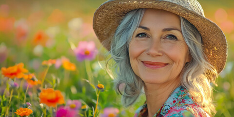 A happy senior woman in a flower field, generative AI