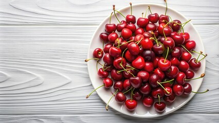 Fresh red cherries arranged beautifully on a white plate, cherries, plate, fruit, food, red, fresh, delicious, sweet, healthy