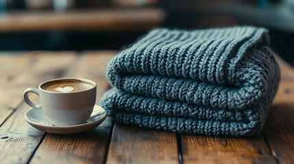 A warm cup of coffee with a heart design in the foam sits beside a folded blue knitted sweater.