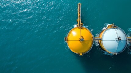 Two large, round oil storage tanks are anchored in the ocean, signifying industrial energy production and marine infrastructure.