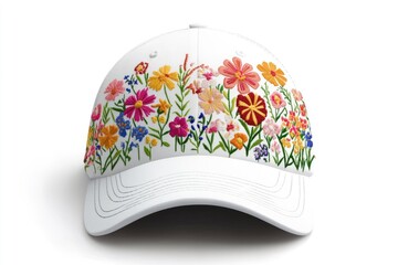 White Baseball Cap with Colorful Floral Embroidery Design on a White Background