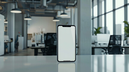 Modern office desk with a black smartphone on a white surface.