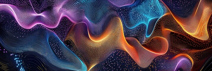 Abstract Colorful Wave Patterns with Glowing Lines and Dots in a Dark Background