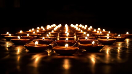 glowing oil lamps (diyas) arranged in a beautiful pattern to celebrate Diwali.