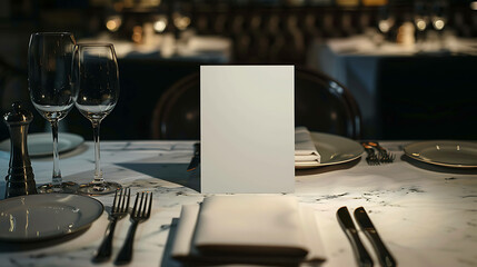 Two wine glasses on a table with a blank card.