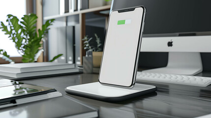 A modern office desk with a wireless charging pad and a phone charging.