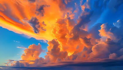 Surreal sky drama with vibrant clouds in orange and blue hues, ideal for inspirational backgrounds and concepts