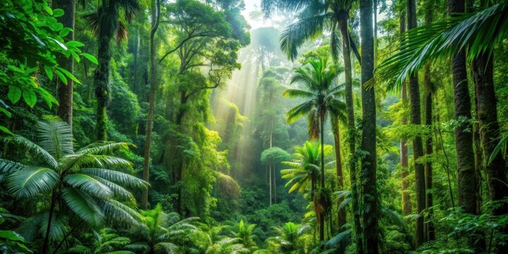 lush tropical rainforest with tall trees , tropical, rainforest, trees, jungle, greenery, foliage, w