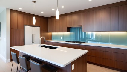 New kitchen in modern luxury home. Empty kitchen island with marble surface in foreground