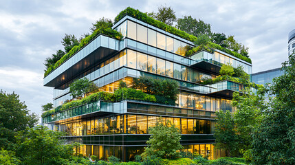 Architecture image with a modern glass building with a lot of green plants trees and bushes for business architecture environmental friendly and eco concept