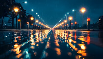 Wall Mural - Urban electric car charging station illuminated by rainy evening lights, with vibrant reflections on the wet pavement