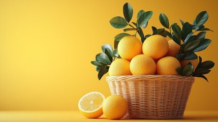 Wall Mural - Lemons in a Basket on Yellow Background