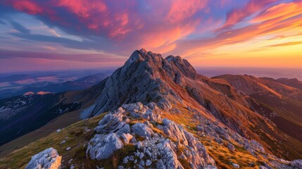 Wall Mural - A dramatic sunset view of a mountain peak with a colorful sky