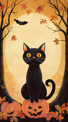 Wall Mural - Vintage halloween background with cat