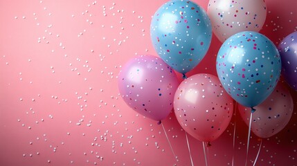 Wall Mural - Colorful Balloons with Confetti on Pink Background