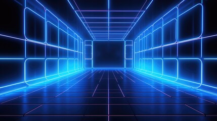 Wall Mural - Abstract glowing blue neon lines and squares forming a futuristic tunnel.