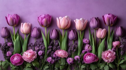 Canvas Print - Purple and Pink Tulips and Flowers in a Row