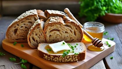 Artisan whole grain bread loaf with sliced pieces, butter and honey on a wooden board, decorated with fresh green herbs