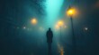 © Widerz - Haunting Night Encounter: Ghostly Figure in Foggy Street Illuminated by Dim Lamps Creates Eerie Atmosphere of Mystery