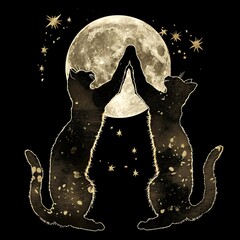 Two cats silhouetted against a full moon with stars, forming a heart shape with their paws.