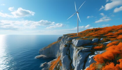 Solitary wind turbine towering over tranquil ocean and rugged cliffs, framed by brilliant orange foliage beneath a clear blue sky