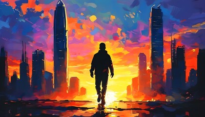 Silhouetted figures stroll in a city adorned with vibrant sunset hues and towering skyscrapers in the background