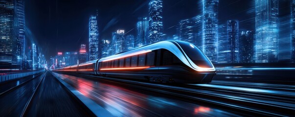 Futuristic train speeding through a neon-lit cityscape, showcasing modern technology and vibrant urban life.