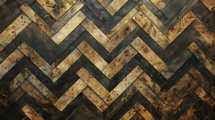 Rustic wooden herringbone pattern with dark brown and light brown wood planks.