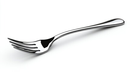 A shiny metal fork lying on a white surface.