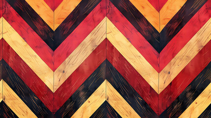 Sticker - Red, black, and yellow chevron wood pattern.