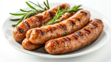 'A plate with three bratwursts, one whole and two cut, isolated on a white background, garnished with parsley'