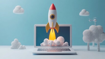 Wall Mural - A red and white cartoon rocket taking off from a laptop screen with clouds in the background.