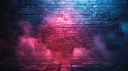 Poster - Brick Wall with Neon Lights and Smoke