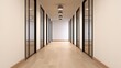 © Kanin - Modern office corridor with glass walls and wooden floor, illuminated by stylish pendant lights, creating a spacious atmosphere.